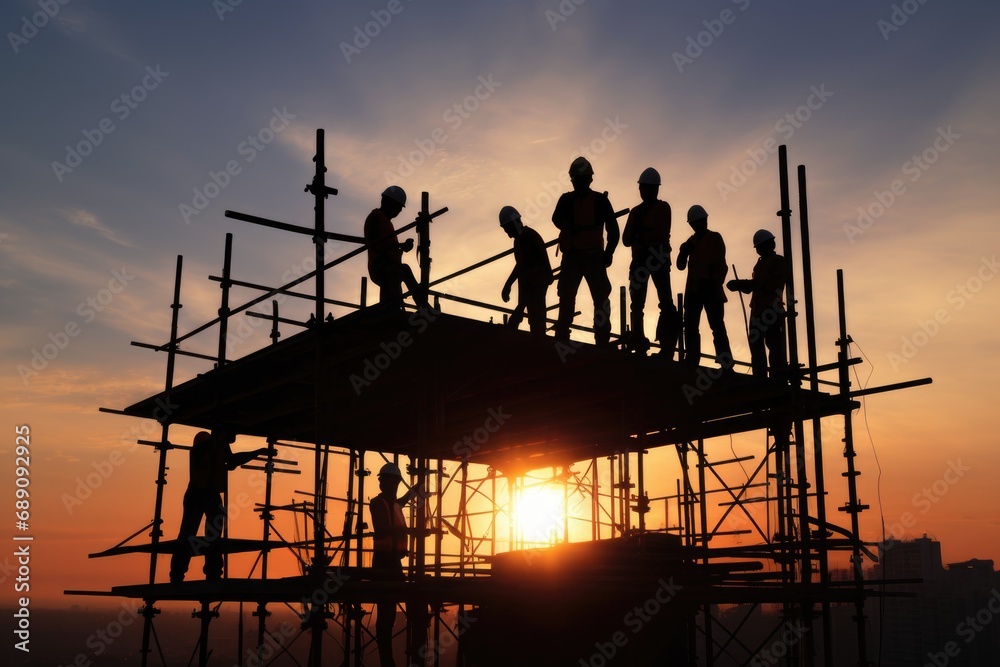Builders in hard hats are works, building. Group of workers, sunset silhouettes.