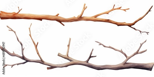 Set of watercolor tree branches without leaves. Hand drawn bare snags isolated on white background. Watercolor illustration, Generative AI