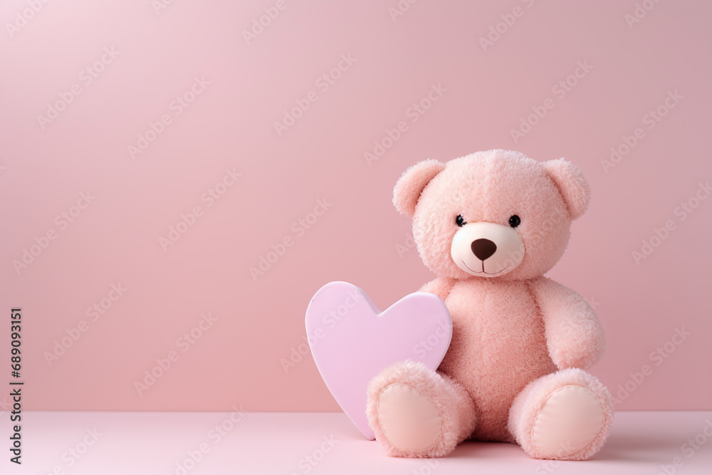 Pink teddy bear with lilac heart on a pink background
