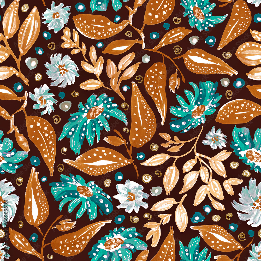 Gouache floral in turquoise and brown. Seamless pattern. Gouache floral in turquoise and brown. Seamless pattern.