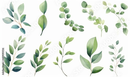 Watercolor floral illustration set. green leaf branches collection for wedding stationary, greetings, wallpapers, fashion.Collection botanical isolated on white background, Generative AI