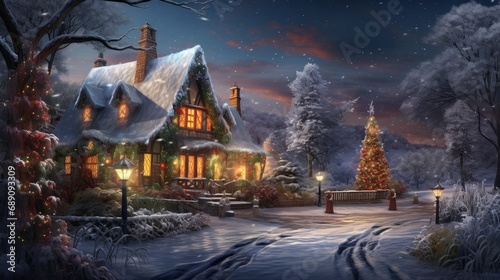 christmas evening in winter forest, falling snow christmas tree and english cottage with lightbulbs in background, intricate details, highly detailed, digital painting, stunning, textures, © Elvin