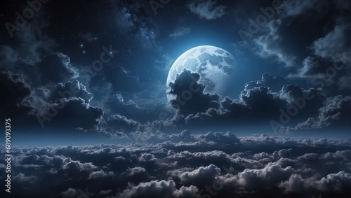 Night sky with clouds and moon. Cloudscape. Beautiful landscape of the sky with a celestial body. Nature wallpaper.