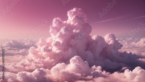 Pink fluffy cumulus clouds background. Penetrating rays of light through the sky. Pink heaven. Amazing cloudscape. Atmosphere. Wallpaper. photo