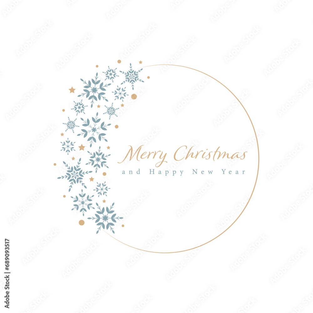 Merry Christmas and happy new year, elegant blue, gold, white background.