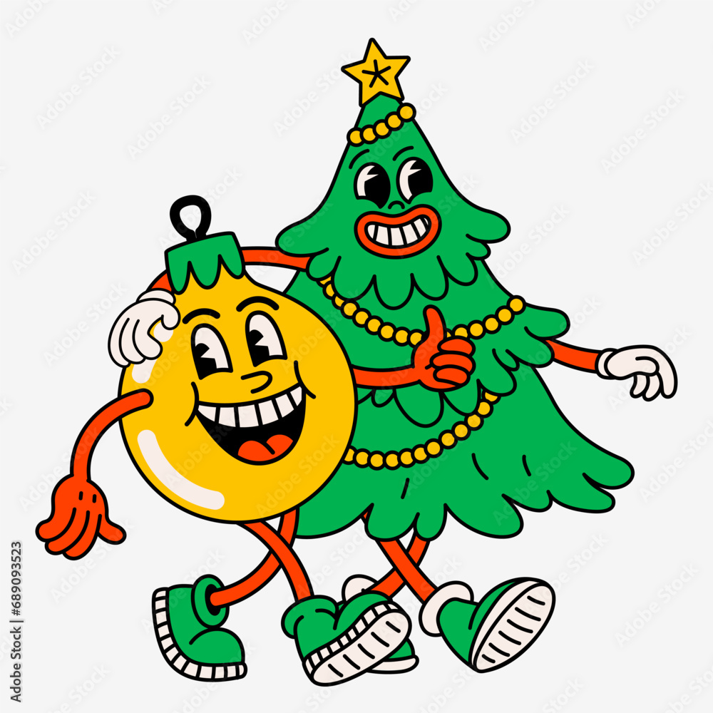 Retro cartoon Christmas tree and ball. Groovy vintage 60s funny Christmas tree and ball characters walking arm in arm.