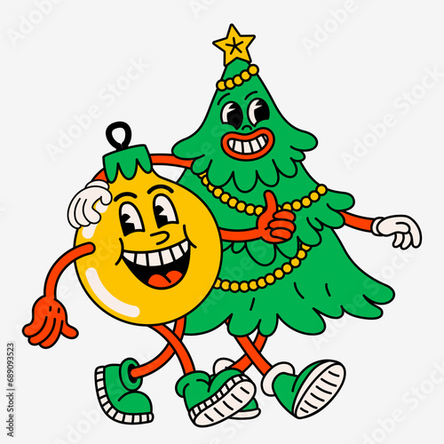 Retro cartoon Christmas tree and ball. Groovy vintage 60s funny Christmas tree and ball characters walking arm in arm.