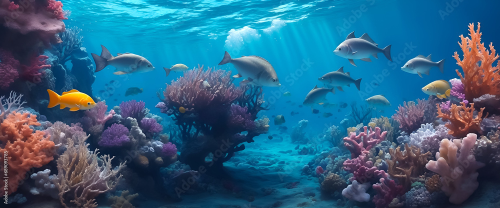 Naklejka premium A underwater scene a coral reef with fish. Perfect for illustrating marine life, aquatic ecosystems, scuba diving, and underwater exploration.