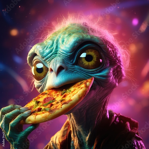 Cartoon alien with big eyes eats pizza.