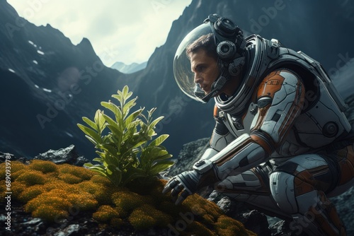 An astronaut in a spacesuit explores a plant on an unknown planet. Space explorers, Galaxies.