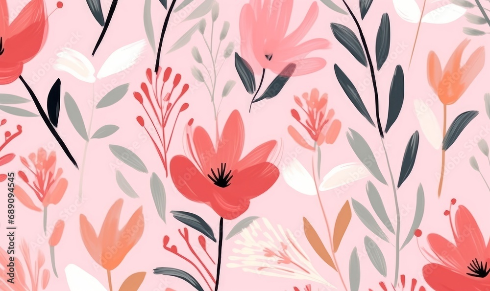 Hand drawn cute pink artistic flowers print. Modern botanical pattern. Fashionable template for design, Generative AI - obrazy, fototapety, plakaty 
