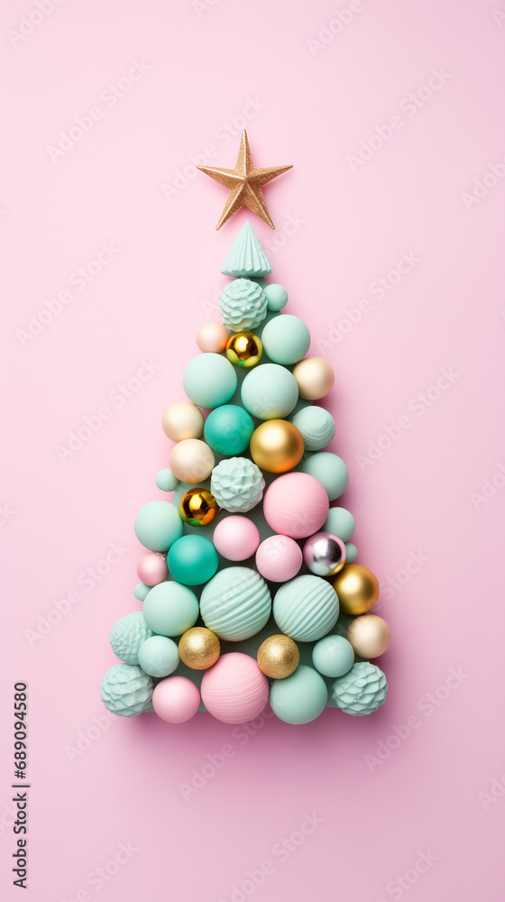 Christmas tree made of christmas ball on the light pink background. Pastel colors in the style of minimalism Christmas tree made of christmas ball on the light pink background. Pastel colors in the style of minimalism