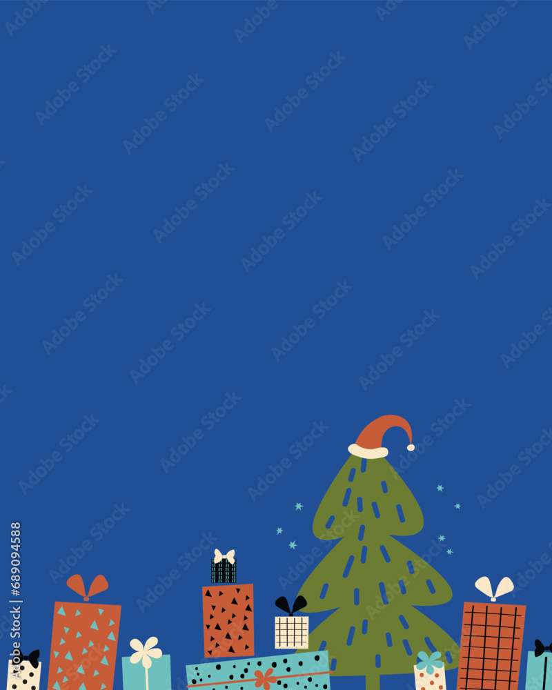 Gifts and Christmas tree vertical background flat illustration. Hand drawn festive card for text with New Year motif design for congratulations on winter holidays, sale. For banner, card, print, paper