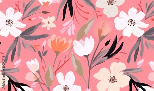 Hand drawn cute pink artistic flowers print. Modern botanical pattern. Fashionable template for design  Generative AI