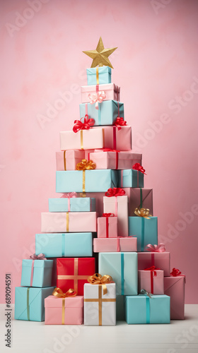 Christmas tree made of gifts on the pink background. Pastel colors in the style of minimalism