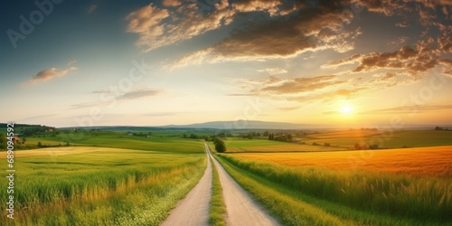 Beautiful summer rural landscape  Panorama of summer green field with Empty road and Sunset cloudy sky  Generative AI
