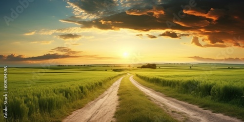 Beautiful summer rural landscape, Panorama of summer green field with Empty road and Sunset cloudy sky, Generative AI
