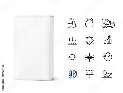 Vertical big heavy bag mockups for chemical products with set icons. High realistic vector illustration isolated on white background. Ready for use in presentation, promo, advertising and more. EPS10.