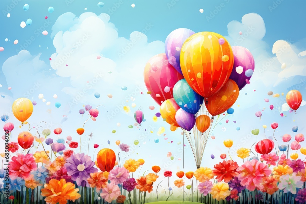 Colorful balloons flying over the meadow with flowers and sky background, A colorful card with balloons and flowers, AI Generated
