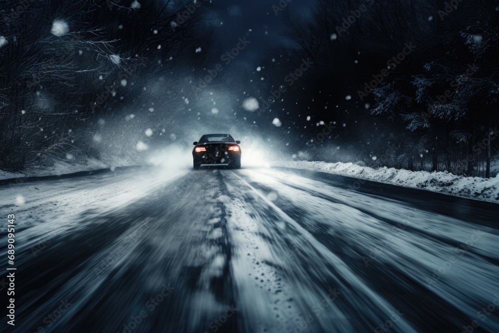 Car driving on a snowy road at night with motion blur effect, a car speeding down a snowy road, AI Generated Car driving on a snowy road at night with motion blur effect, a car speeding down a snowy road, AI Generated
