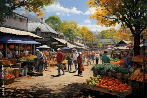 Unidentified people in the autumn market, A bustling farmer's market scene with a diversity of vendors and customers, AI Generated