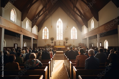 Religious people in the church. Rear view of unrecognizable people, A congregation sharing the peace of Christ during a church service, AI Generated photo