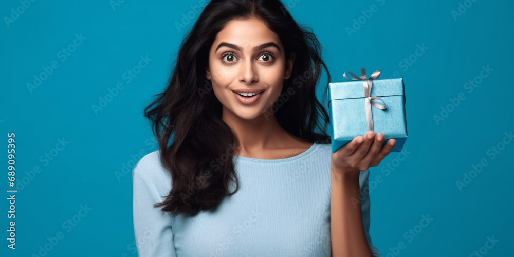 A nice young indish woman happily surprised with a gift in her hands with a blue background