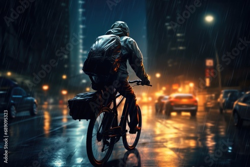 Cyclist in raincoat riding bicycle on wet street at night, A courier rides a bicycle through a rainy evening or night city, AI Generated © Iftikhar alam