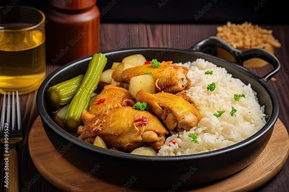 asian food chicken fried with sauce and rice served on plate asian food chicken fried with sauce and rice served on plate