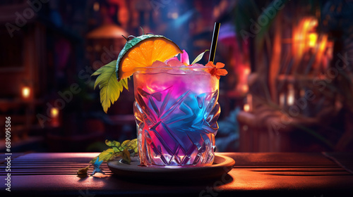 Colorful cocktails in a glass on the bar counter, neon lights on dark night background with lights