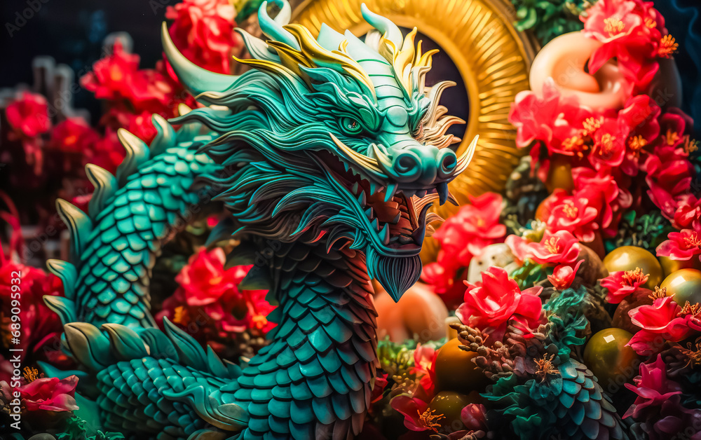 Green wooden dragon symbol 2024. New Year and Christmas concept . Chinese new year 2024 year of the emerald Wood dragon, digital ai