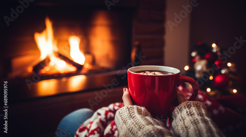 Woman holding in hands a mug of hot chocolate or coffee by the Christmas fireplace. Woman relaxes by warm fire with a cup of hot drink. Winter, Christmas holidays concept