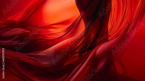 closeup of a beautiful woman's body covered with red satin fabric. Made of flowing silk, inside of the body, translucent, smooth, beautiful photo