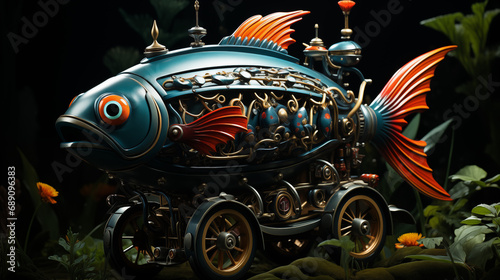 Steampunk Aquatic Explorer: Fish-Shaped Mechanical Contraption on Wheels Amidst Foliage