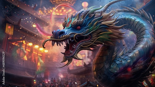 Scenes of dragons participating in various global festivals, showcasing the mythical creatures as symbols of unity and celebration in 2024 photo
