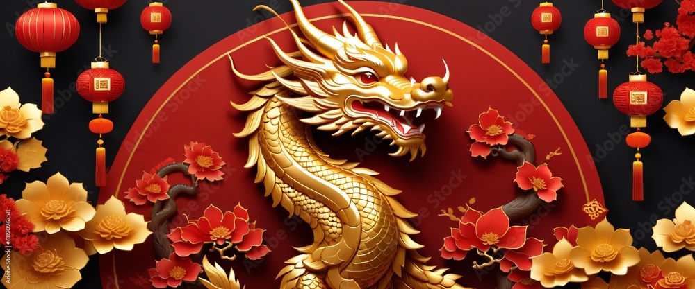 Banner, flyer. Golden dragon surrounded by flowers and lanterns. Beautiful and auspicious representation of Chinese culture and Lunar New Year.