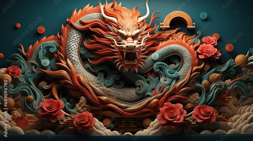 Fototapeta premium Green Chinese dragon with long tail surrounded by red blooming roses sitting on a rock against blue background. Textured effect.