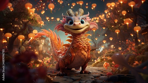 Cite cartoon dragon with large  expressive kind and love eyes  sitting on rock in forest surrounded by lanterns