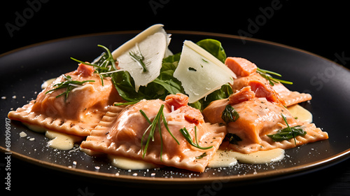 ravioli with salmon closeup on black background