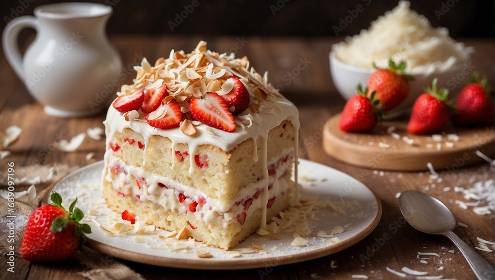 Delicious vanilla cake with cream and strawberries, streaked with chocolate and almonds.A wooden table and beautiful dishes with a napkin. A piece of vanilla birthday dessert close-up with berries. 