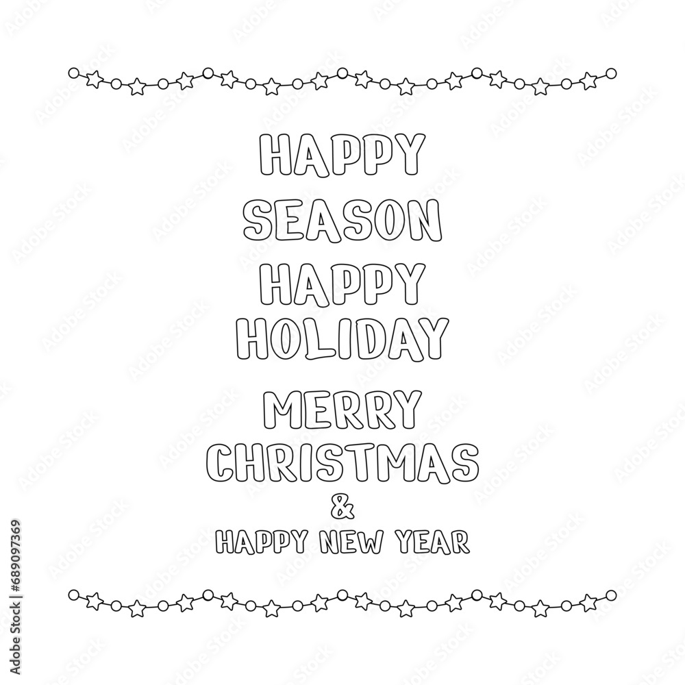 Christmas lettering, text happy holiday and frame, garland with stars, light bulbs. Christmas lettering, text happy holiday and frame, garland with stars, light bulbs.