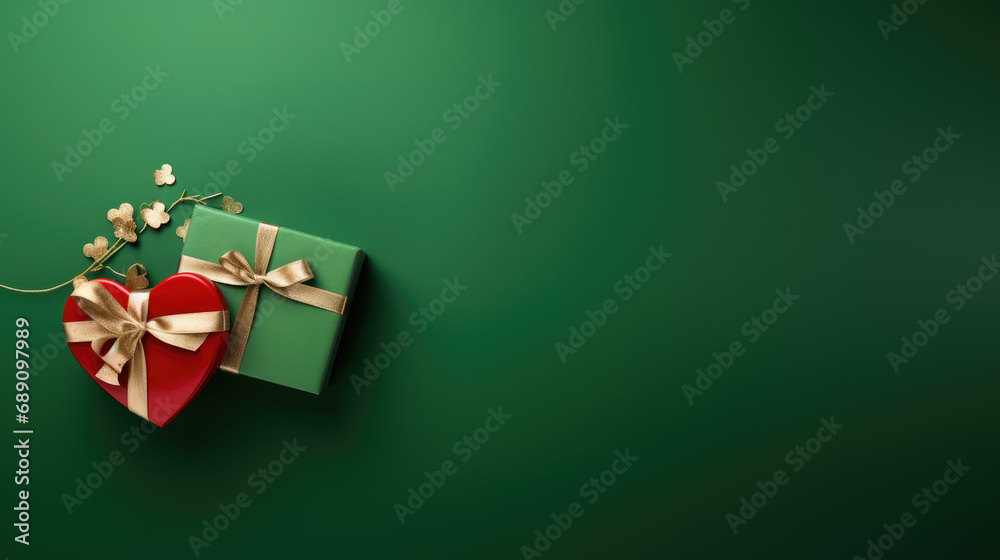 Green Gift box and festive red hearts on green background. Gift concept for Valentine Day, Wedding or Birthday, flat lay, top view Green Gift box and festive red hearts on green background. Gift concept for Valentine Day, Wedding or Birthday, flat lay, top view