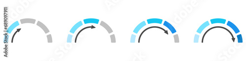 Speedometer scale vector set. Risk meter icons set. Business speedometer vector icon template. Energy meter icon. Gauge level vector.  Tachometer low and high barometers. The value on the speedometer 