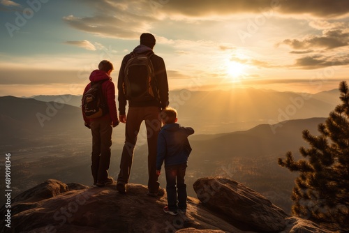 A father enjoys a view with his three young children. They have a sense of achievement after scaling a mountain. The sun is low  the sky providing a space for copy. 