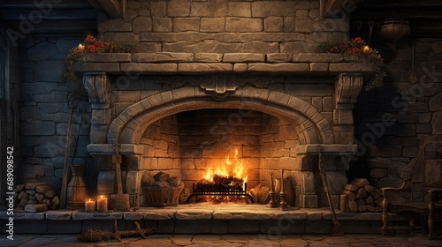 Burning firewood in the fireplace in a country cottage.