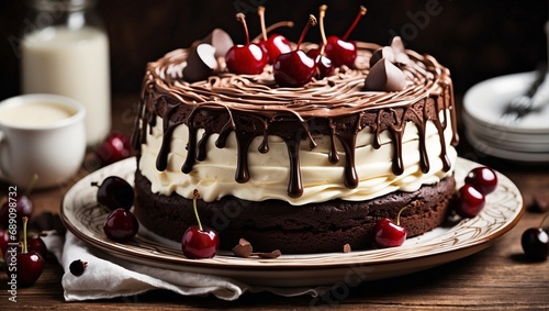 Delicious chocolate cake with cream and cherries, streaks of chocolate. A wooden table and beautiful dishes with a napkin. Chocolate dessert in close-up with berries, vanilla cream. Birthday cake.