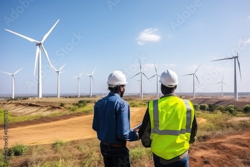 African Male engineer using drone for top view inspection wind turbine farm. 