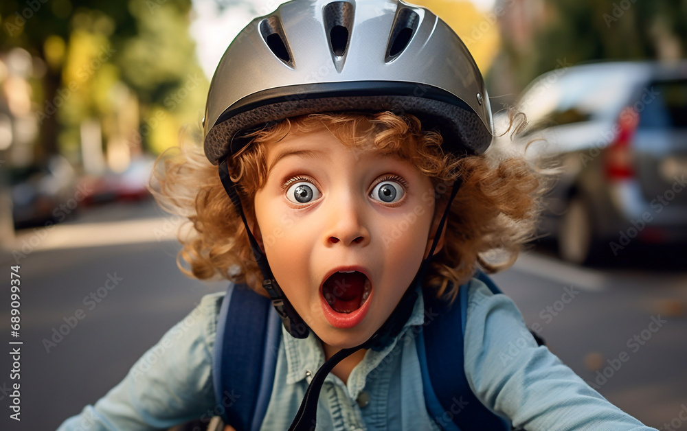 A beautiful little boy with a worried look rides a bicycle on the street