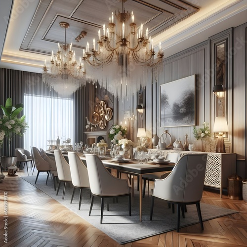 Luxurious dining room with chandelier. The room is decorated in a classic style with dark wood furniture and gold accents. The chandelier is the focal point of the room.