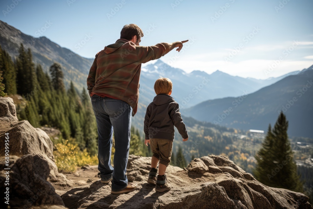 Father and son pause at edge of trail, mountainside 